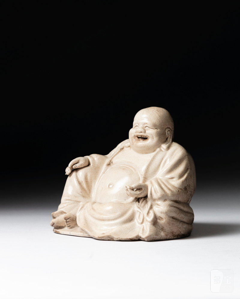 清 白釉布袋和尚坐像 - 图2
